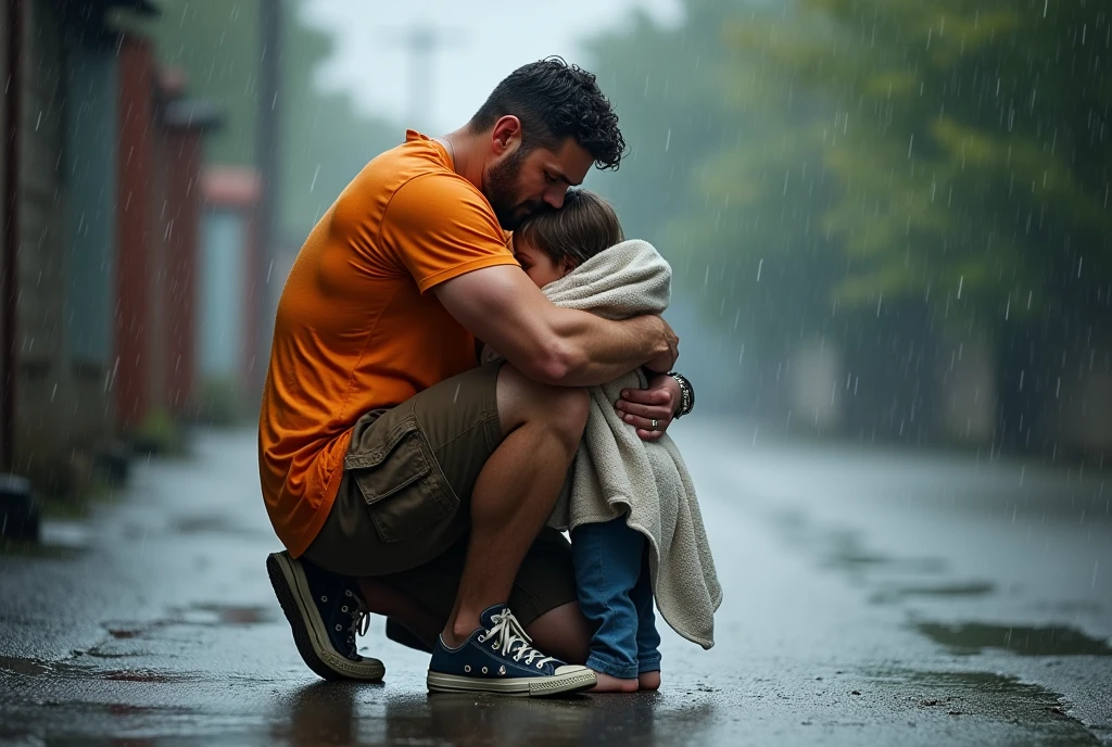Muscular man wearing a shirt with long shorts Long loose shorts With pockets on the sides with converse sneakers Orange T-shirt and brown shorts Long short, long short, long Kneeling on the ground with his face shadowed hugging a child Em wrapped in a blanket as it rains 