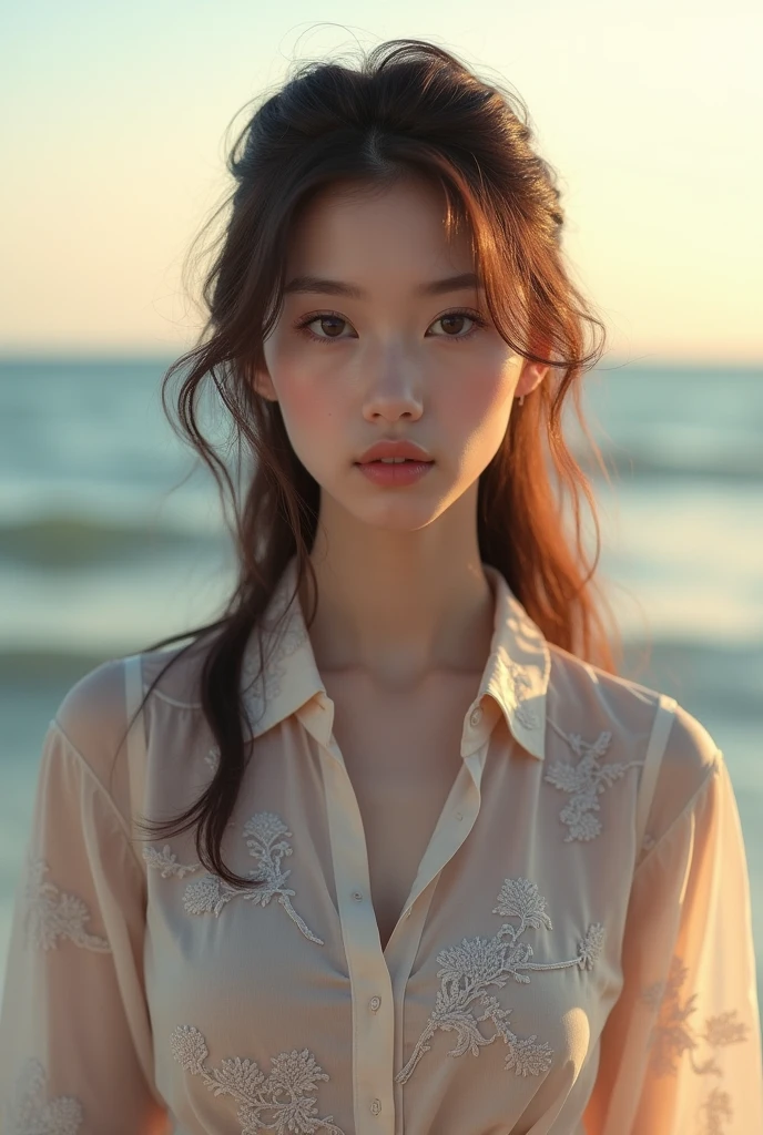 Beautiful one、Detailed eyes、、Highest quality, 超High resolution, (Reality: 1.4), Super Beauty、Beautiful Skin、Slender、Body facing forward、(Surreal)、(High resolution)、(8k)、(Beautiful and detailed eyes)、Detailed face、Bright lighting、Face Focus、Look straight ahead、(The costume is a damask shirt dress.)、Medium Hair, Evening scenery、Brown Hair、Japan is an idol、20-year-old、Seascape