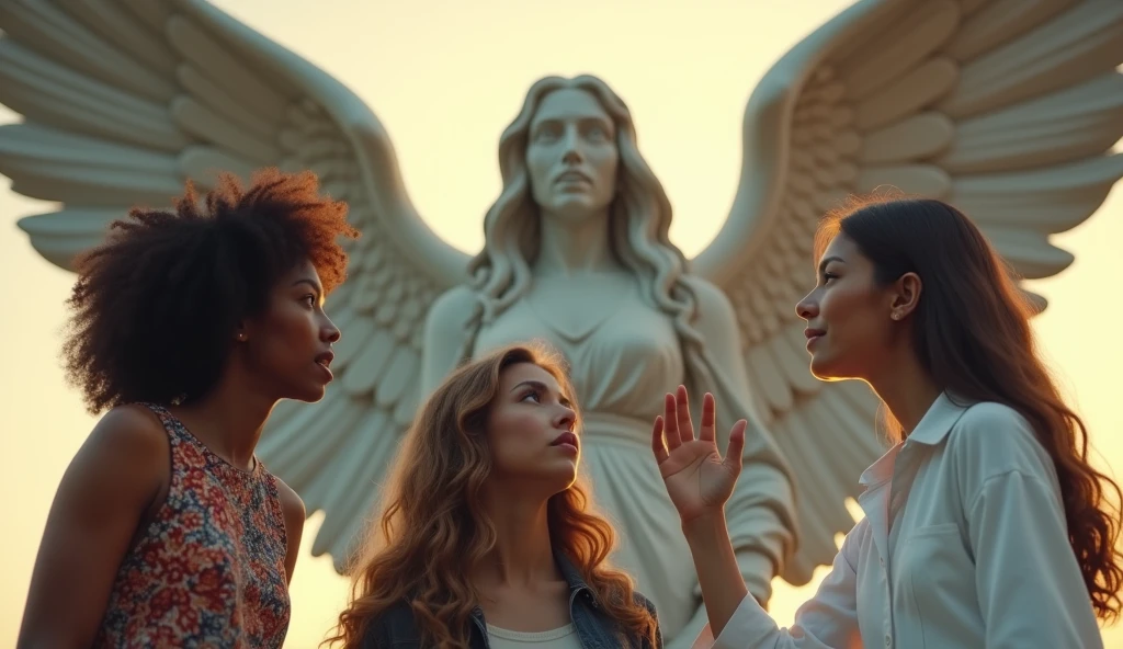 A captivating scene featuring three people interacting with a majestic angel statue with wings. The first person on the left has curly hair and is wearing a patterned top, looking surprised. The second person in the middle has long, wavy hair and is dressed casually, gazing intently at the angel. The third person on the right has straight hair and is wearing a white outfit, making a gesture with their hands. The background is softly lit, emphasizing the intricate details of the angel sculpture and the emotional expressions of the individuals.
