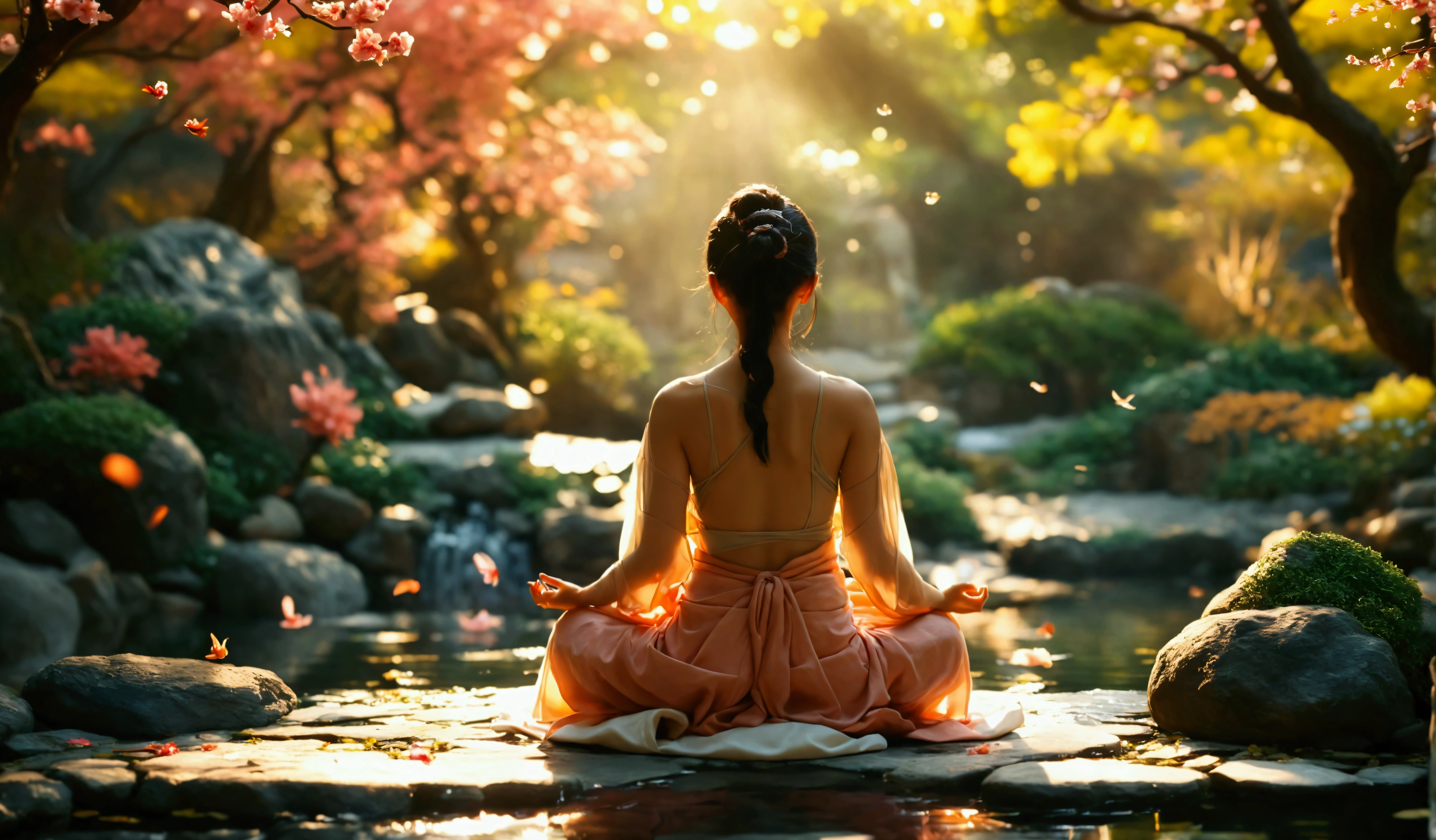 (Highest quality,4K,High resolution,masterpiece:1.2),Super detailed,(Realistic,photoRealistic,photo-Realistic:1.37),Person meditating in a zen garden,Peaceful and calm atmosphere,Lush, beautifully landscaped gardens,wood々Golden sunlight shining between,Natural elements such as rocks and bodies of water,A tranquil pond filled with colorful koi carp,,Petals floating gently in the sky,The gentle sound of wind chimes in the background,Harmony between nature and the human spirit,Calm expression on a person's face,Deep meditation posture,Close your eyes and place your hands on your lap,A soft ray of light illuminating a person's face,The scent of incense lingers in the air,The faint scent of blooming flowers,A sense of inner peace and serenity,Promotes mental well-being、Charming and relaxed atmosphere,Zen minimalist art style,A subtle color palette of green and pink hues,Overall a warm and relaxed atmosphere,Gentle natural light creating soft shadows.