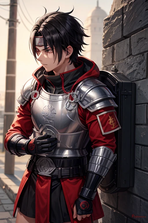 Roman Legionary Teenage Youth Male Short Jet Black Hair Red Helmet Plume Athletic, but with a musculature without exaggeration Base to do it Shisui Uchiha from the Naruto series and anime.
Uchiha logo on the left chest of the armor With Roman Legionary Armor