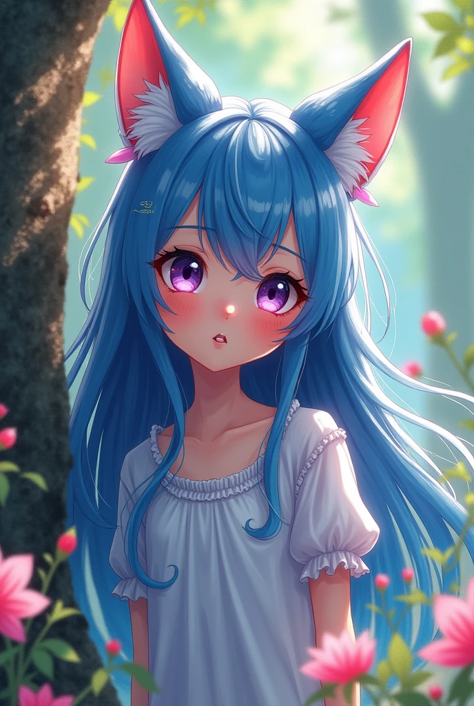 High Resolution, 1girl, Long Hair, Breasts, Blush, Closed Mouth, Horns, Cat Ears, Purple Eyes, Blue Hair, Fang, Fox Ears, Fox Ears, Fox Ears, Impressionism, Best Quality, 