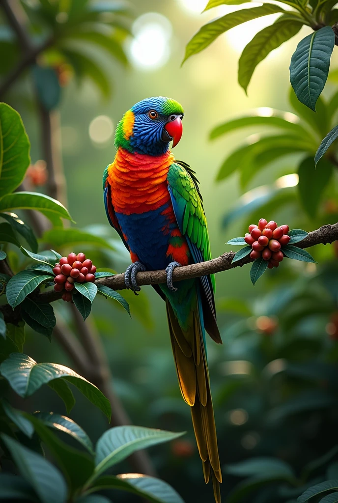 generate a parrot on a coffee branch and it is in the jungle