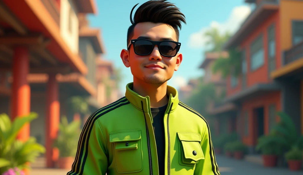 Cartoon character of pria indonesia memakai jaket hijau terang atripe hitam,animation character, Caractere estilizado, animation style rendering, 3D estilizado, Arnold Maya render, 3 d render stylized, toon render keyshot, Personagem 3D, Personagem 3D, 3d rendering stylized, 3 d character render, personagem de desenho animado, Personagem de close up, Pose de personagem,  (Estilo Pixar) (master part:1.2) (Bokeh) (best quality) (pele detalhada) (textura detalhada) (8k) (argila) (Cinematic lighting) (foco nítido