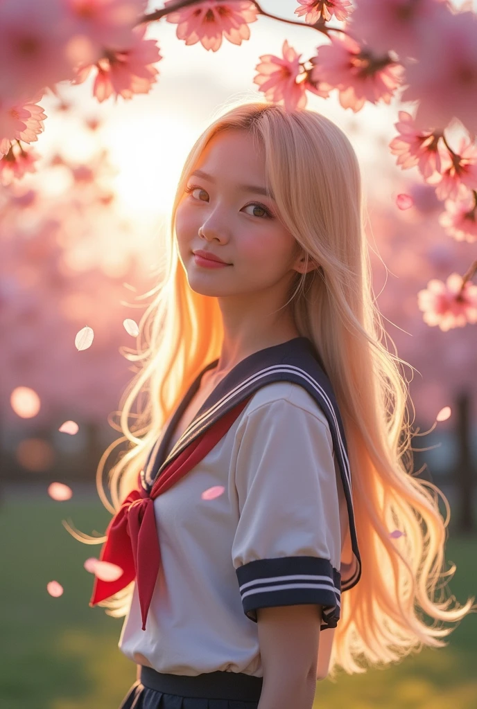 Beautiful woman with long blonde hair under the cherry blossoms, Japanese woman, idol, sailor suit
