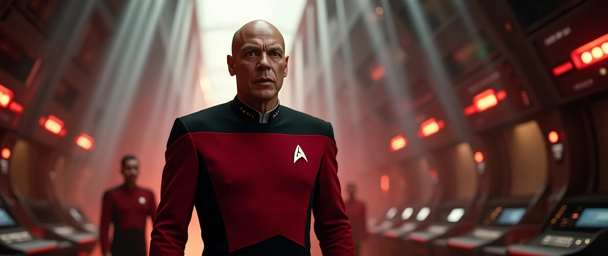 Picard in his classic form, wearing his red and black Starfleet uniform, standing with a firm and authoritative posture, giving orders to his crew while the Enterprise is in the midst of a space battle. The scene is intense and urgent, with red alert lights flashing, the crew working frantically at their stations, and tension palpable in the air. A heroic beam of light illuminates Picard, enhancing his presence as he commands the battle. The style is cinematic realism, with precise details and dramatic lighting that make the scene look like an epic science fiction movie.