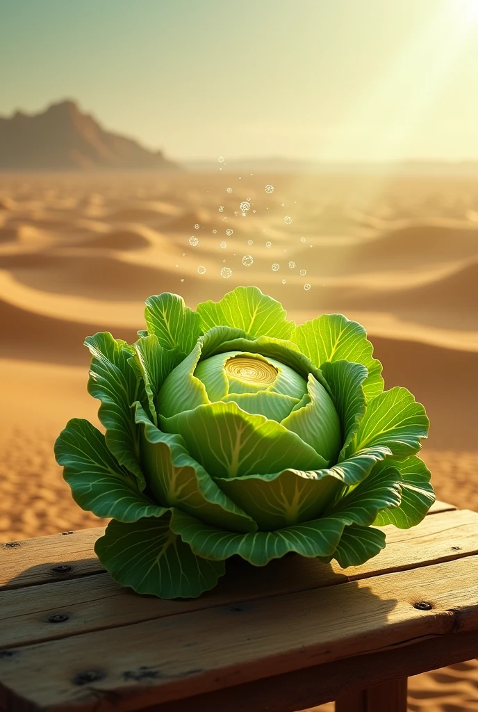 A green cabbage is kept on a table for a day or two. There is a desert behind it and Allah is writing from inside this cabbage. A very good officer is writing inside it. Make a good image inside the cabbage and show it.