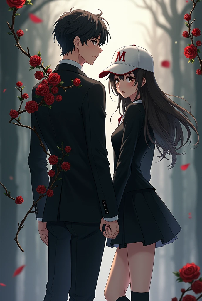 an anime man with black hair and dark brown eyes and he is wearing a black suit with dark red rose vines twirling around his shoulders and he is wearing a white cap which has a M written on it in red and he is standing with an anime woman with long middle brunette hair and dark brown eyes and she is wearing a black outfit with black socks and black boots and she has the same cap as the anime man and she has a small adhesive bandage on her knee