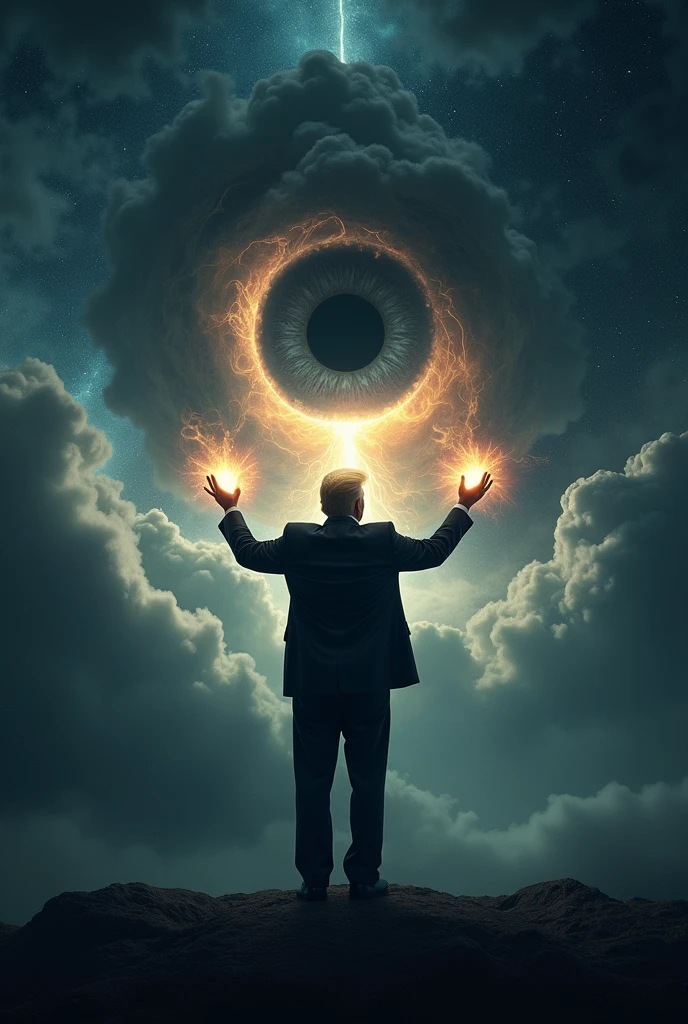 Make Donald Trump raise his hands while making energy coming out of his hands and looking at the dark sky with a cosmic dark eye, around the eyes there is black smoke 