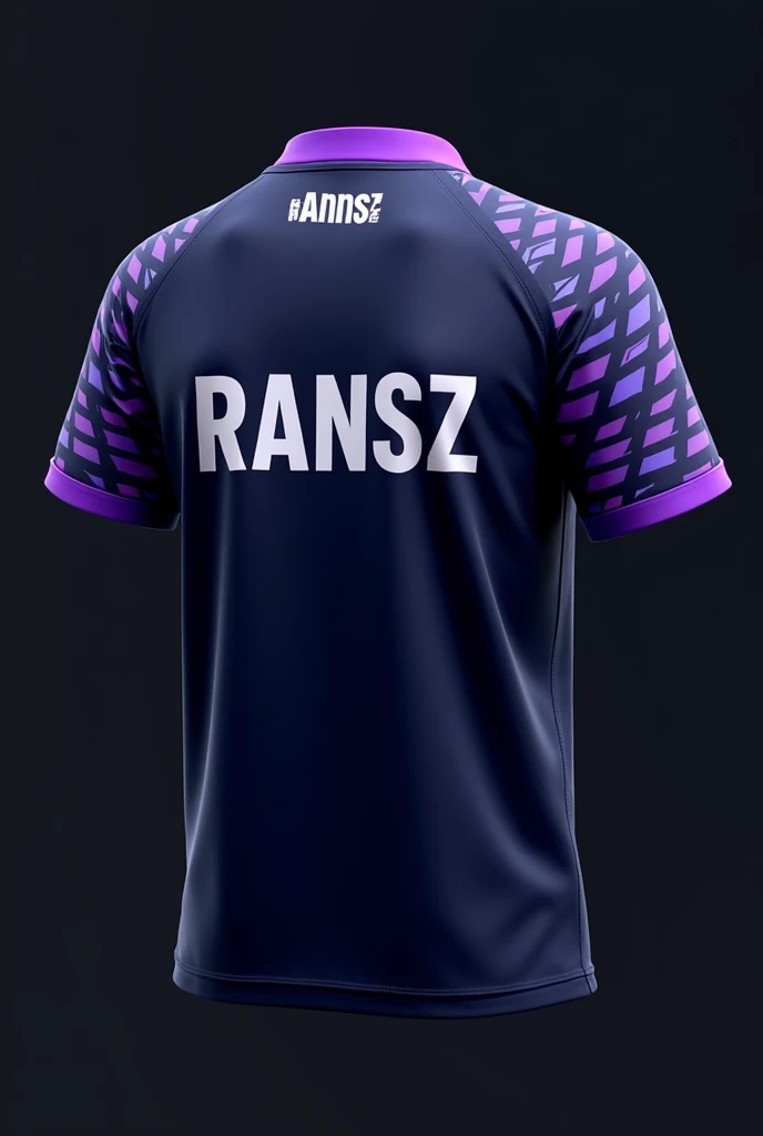 Mobile Legends Esports Team Jersey Back, Player Name "RANSZ": The name will be placed in the center of the back, with modern and bold fonts. The font color can be white or light blue., provides a clear contrast to the navy base color of the jersey.Purple Collar: The jersey collar will be purple, provides an interesting accent and adds character to the design. This purple color also blends with other motifs on the jersey., create a harmonious impression.Purple Striped Motif on Sleeves: Around the arm, there will be a purple striped motif in the shape of letters "in" the upside down. What makes this unique is that the line continues from front to back., forms a diagonal line-like pattern when viewed from the side. This creates a cool visual effect., as if the jersey has a reverse feature with dynamic slashes.Primary Colors: The back of the jersey will remain predominantly navy blue., which gives a strong and elegant impression. Purple and blue accents on the collar and sleeves provide a modern and stylish touch..Desain ini memastikan bahwa jersey tim inortex Elite tidak hanya terlihat profesional, but also unique and full of character. All these details are designed to create a strong impression on and off the field.