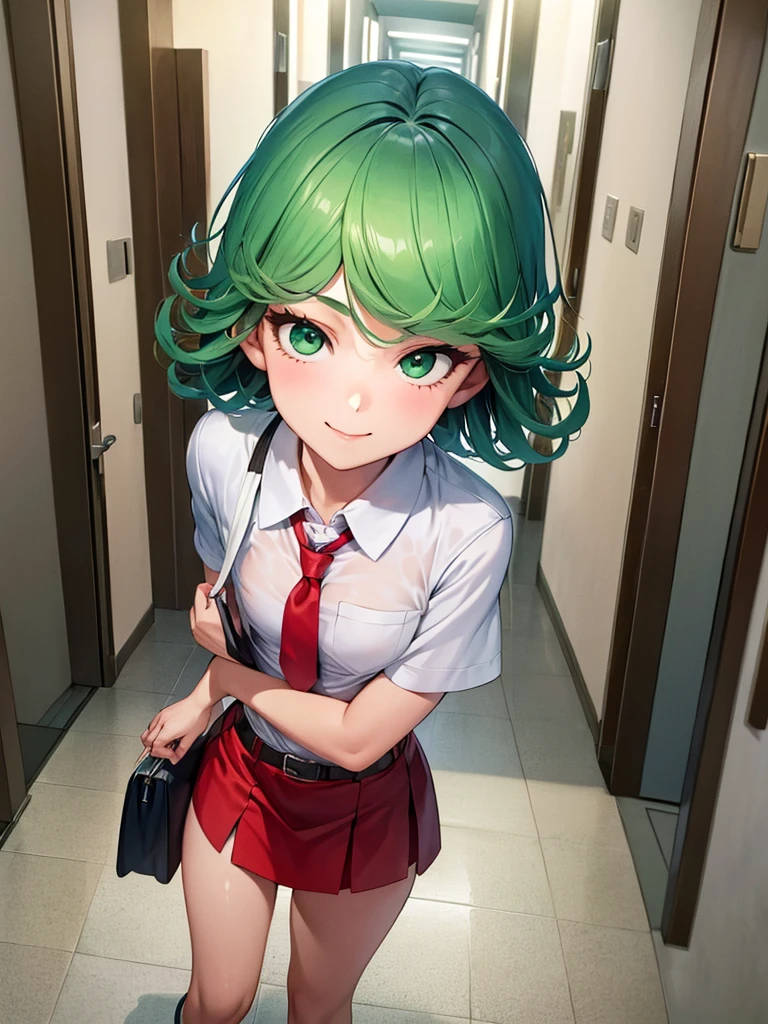 (high res, 8K, masterpiece, looking at viewer, best quality, very aesthetic, ultra detailed, ultra background, ultra Eyes, Realistic Eyes), intricate details, 1girl, Tatsumaki, Green Short Hair, Green Eyes, short sleeved white shirt, Smile Face, pocket on left chest, wearing a red tie, red short skirt, wear a belt, carry a bag, walking in the school hallway, lots of people,Background school hallway, School, Cinematic Angle