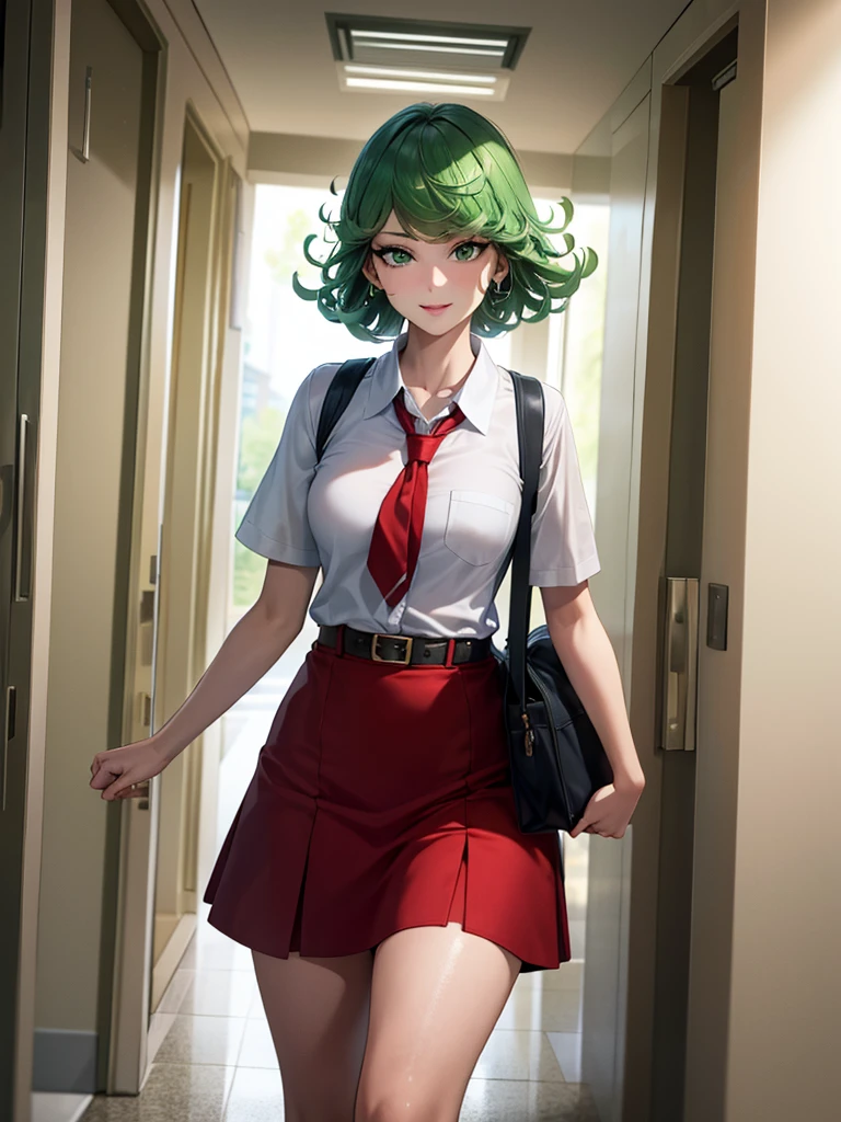 (high res, 8K, masterpiece, looking at viewer, best quality, very aesthetic, ultra detailed, ultra background, ultra Eyes, Realistic Eyes), intricate details, 1girl, Tatsumaki, Green Short Hair, Green Eyes, short sleeved white shirt, Smile Face, pocket on left chest, wearing a red tie, red short skirt, wear a belt, carry a bag, walking in the school hallway, lots of people,Background school hallway, School, Cinematic Angle