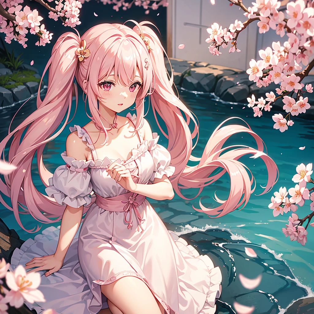 Light pink hair, girl, blossom, cherry blossom, sakura hair ornament, pink eyes, sakura dress, twintails hair, long hair