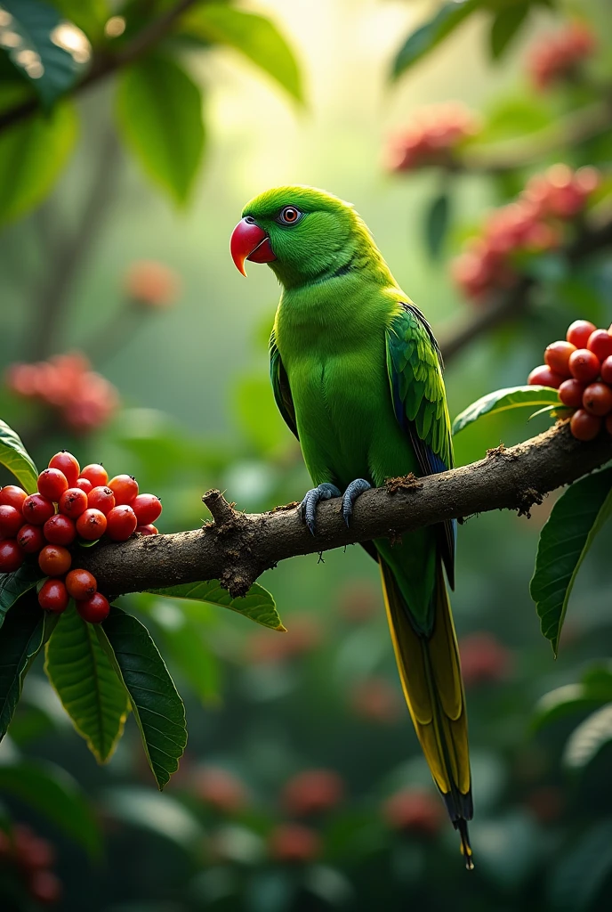generate a green parrot on a coffee branch and it is in the jungle
