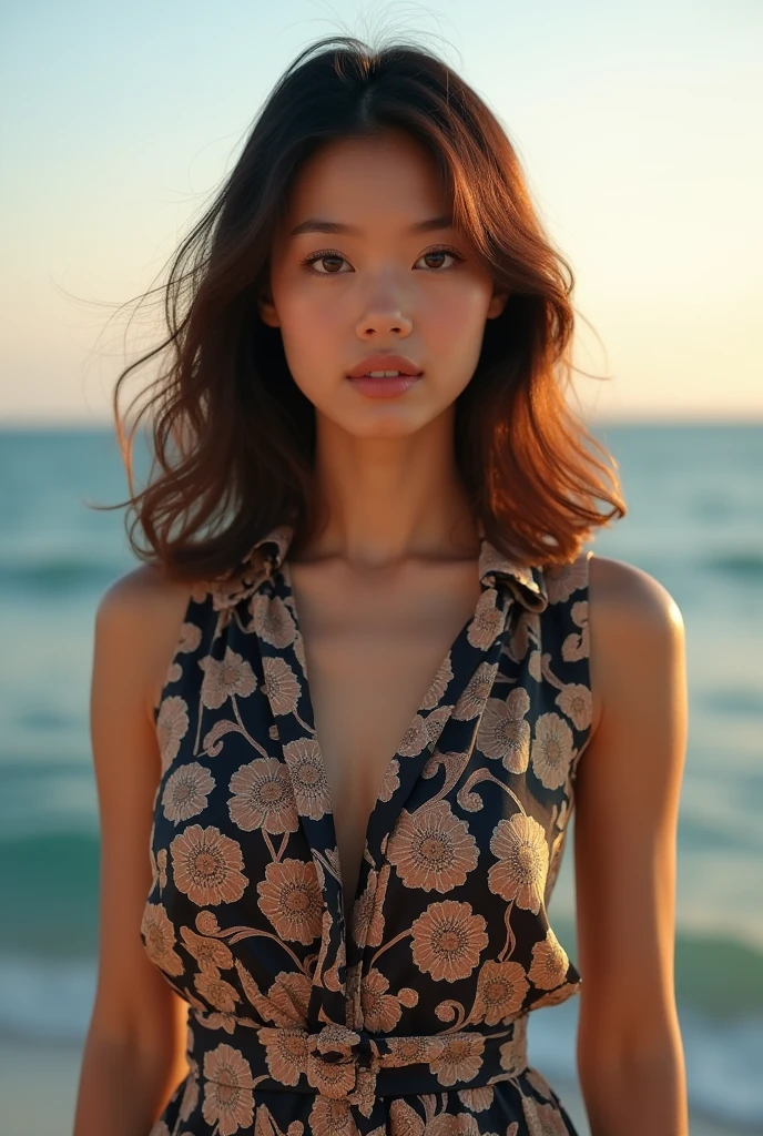 Beautiful one、Detailed eyes、、Highest quality, 超High resolution, (Reality: 1.4), Super Beauty、Beautiful Skin、Slender、Body facing forward、(Surreal)、(High resolution)、(8k)、(Beautiful and detailed eyes)、Detailed face、Bright lighting、Face Focus、Look straight ahead、(The costume is a damask shirt dress.)、Medium Hair, Evening scenery、Brown Hair、Japan is an idol、20-year-old、Seascape