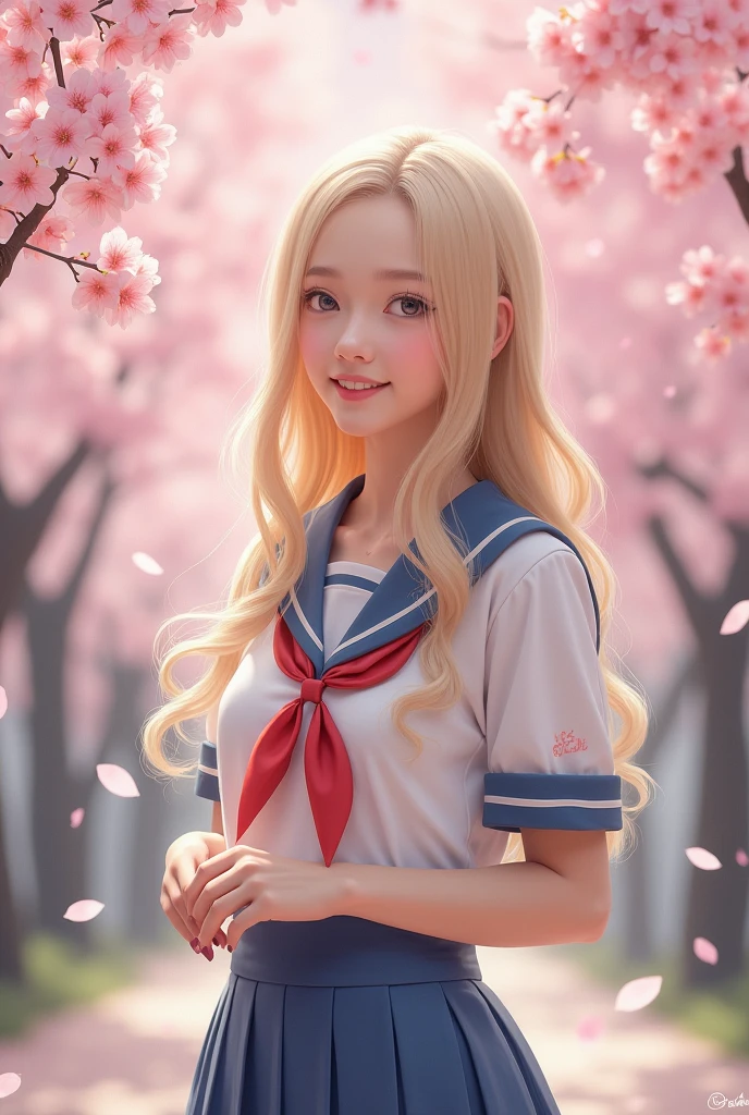 Beautiful woman with long blonde hair under the cherry blossoms, Japanese woman, idol, sailor suit