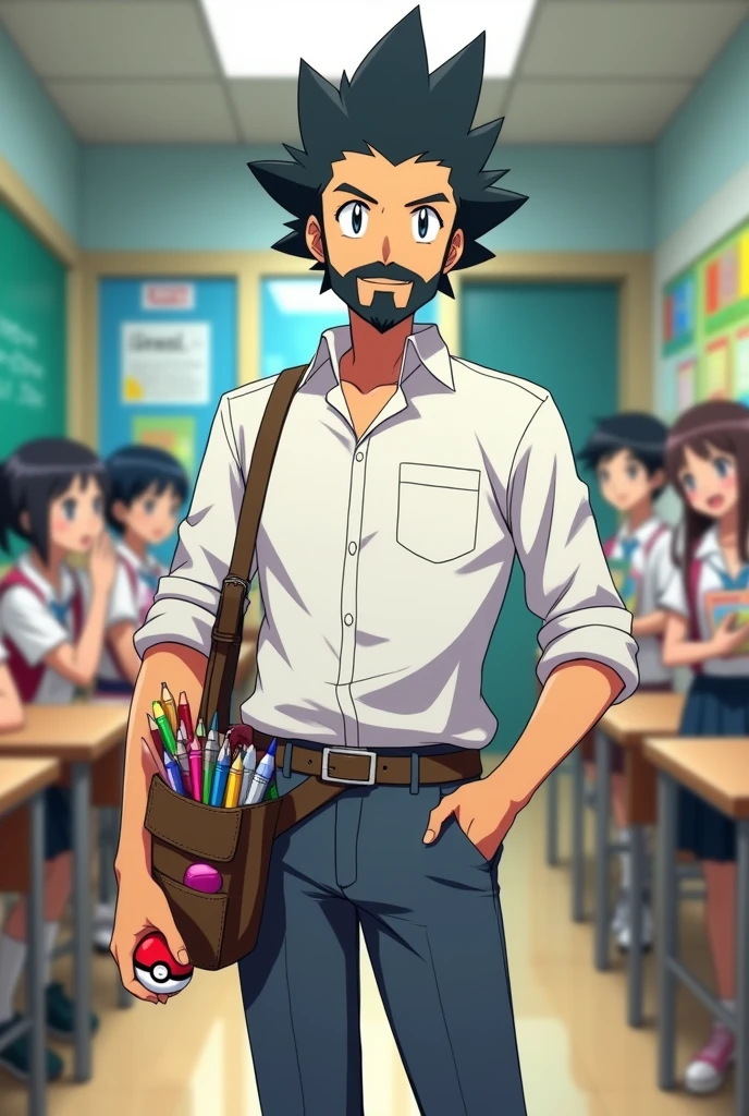 Anime pokemon style, Short black spiny haired, slim teacher with full beard and mustache, right hand holding a pokeball. Left hand holding books, wearing a white shirt and a leg bag with some school supplies. School