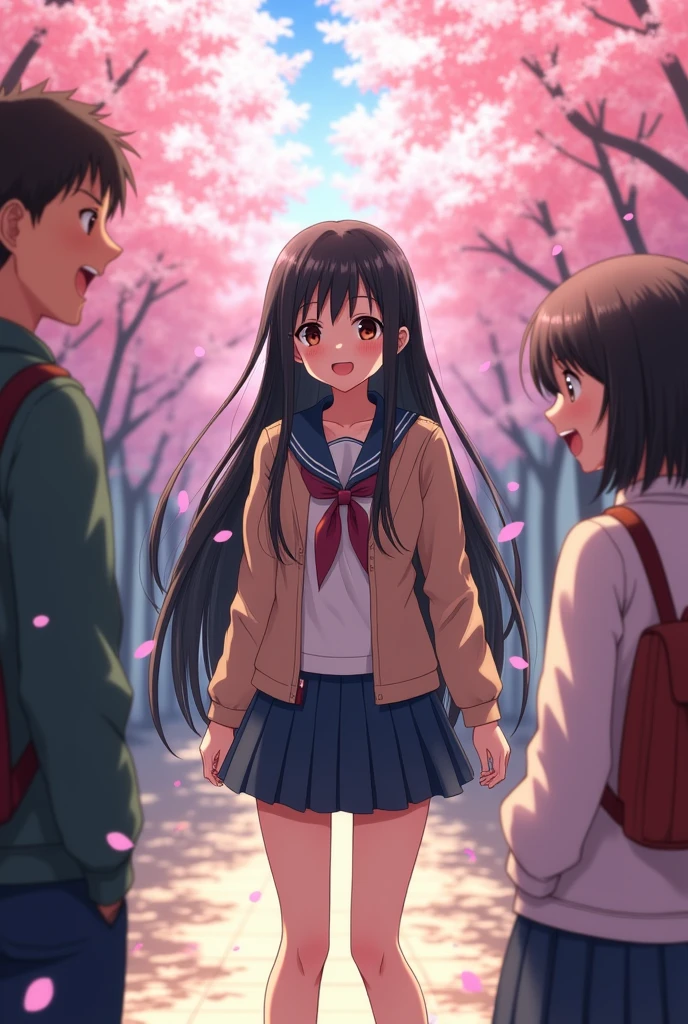 A Japanese high school girl with black hair. Her skirt is a little short. Her hair is long enough to reach her waist. Her bangs are long enough to cover her eyebrows. She has female friends around her.、A scene where everyone is having a fun conversation. A composition where you can see everyone's faces.