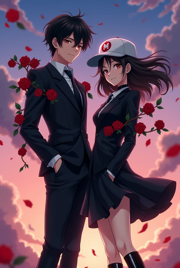 an anime man with black hair and dark brown eyes and he is wearing a black suit with dark red rose vines twirling around his shoulders and he is wearing a white cap which has a M written on it in red and he is standing with an anime woman with long middle brunette hair and dark brown eyes and she is wearing a black outfit with black socks and black boots and she has the same cap as the anime man  