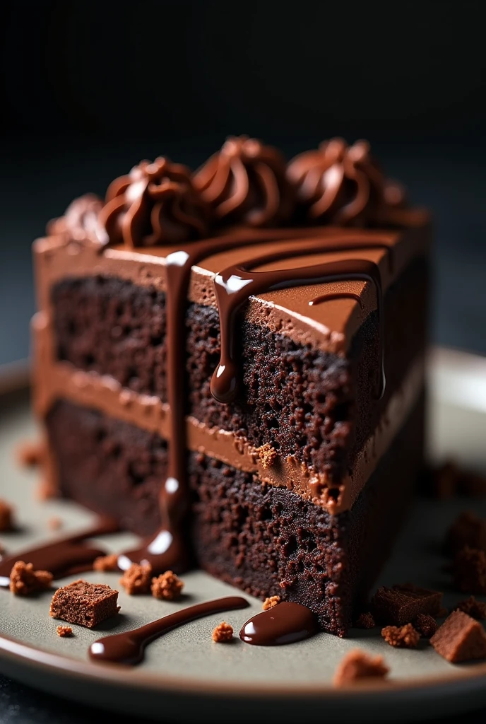 cinematic film still chocolate, chocolate cake, dark background, quality photo, moist texture, frosting, studio photo, slice . shallow depth of field, vignette, highly detailed, high budget, bokeh, cinemascope, moody, epic, gorgeous, film grain, grainy