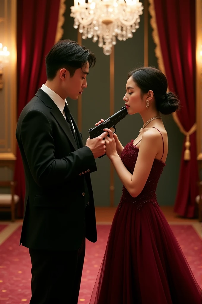 Make singer Jeon Jungkook from BTS with actress Jung So-Min from the drama Alchemy of Souls, both are pointing guns at each other and are wearing formal attire