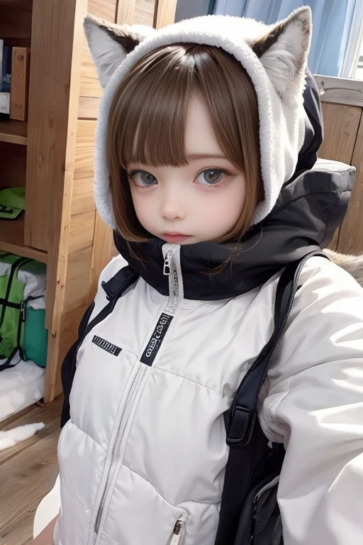 Cute-faced girl rides on wolf、Snow