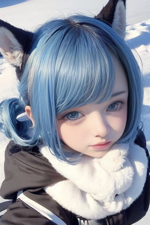 Cute-faced girl rides on wolf、Snow