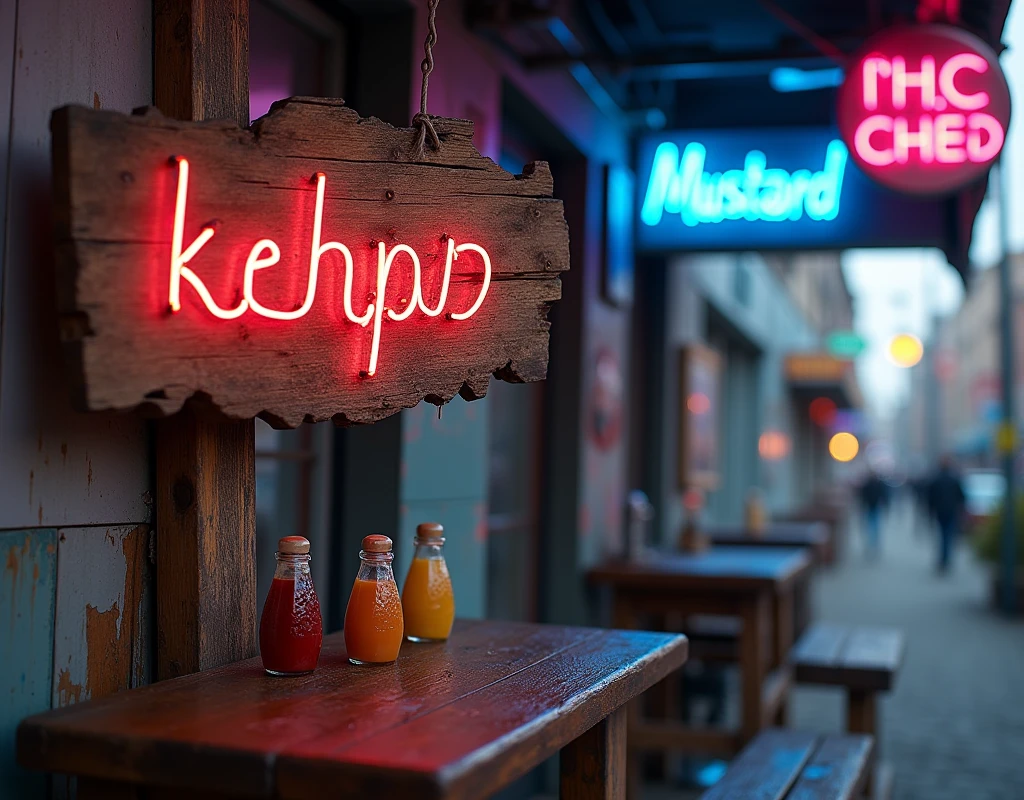 Wooden signboard, neon signs, condiments, drab background