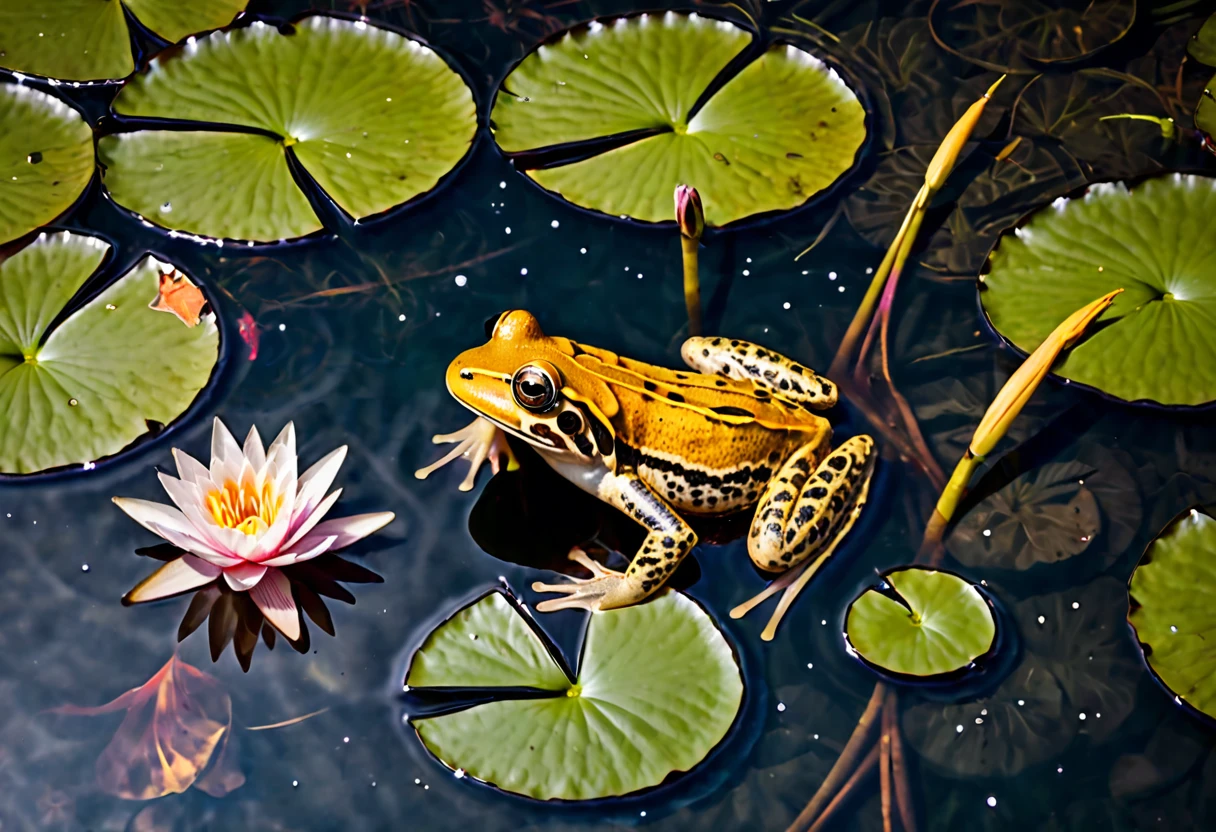 A frog sitting on a lily pad in a still pond, a few large koi gold and black near the surface, a vivid starry sky is reflected on the water, viewed from above