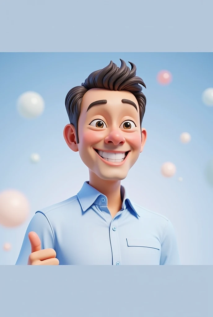 Cartoon character of a man blue shirt, 45 years old adult, an animated character, stylized character, animation style rendering, 3d stylized, Smiling with a thumbs up, Expression of approval