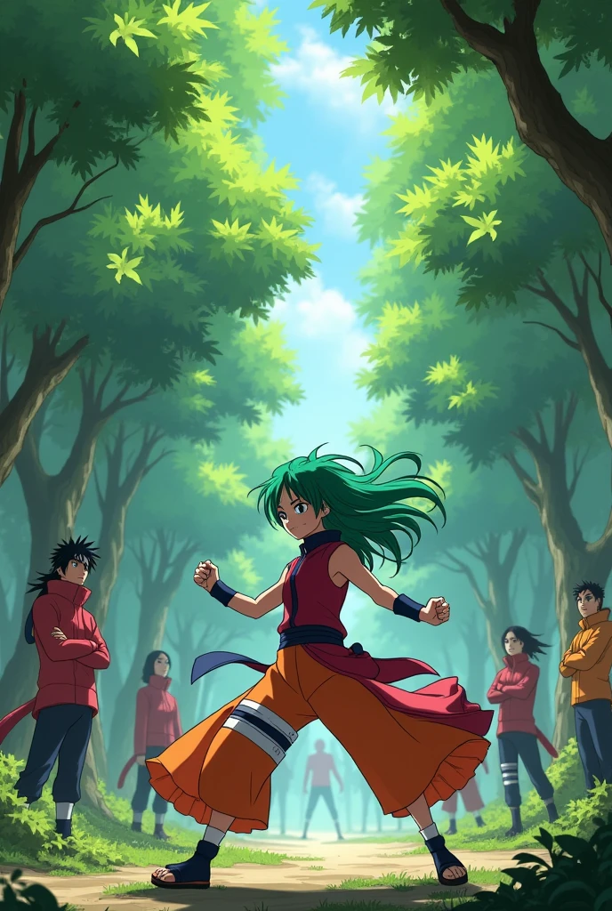 Image of Sakura fighting in a forest with red ninjas while Sasuke and Naruto watch her