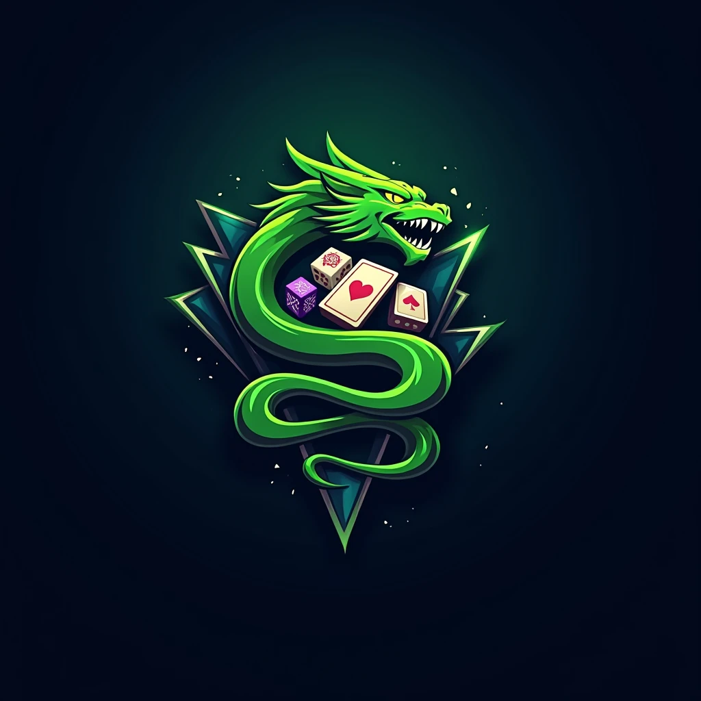 E-sport logo ( name team : MAHJONG ), mahjong, gambling theme, dark blue, e-sport, moba, team logo, dice, card, green snake, green dragon 