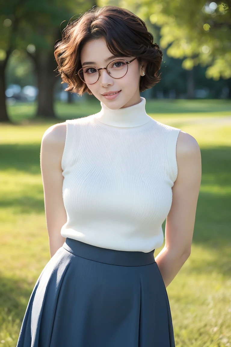 (Highest quality、Tabletop、8k、Best image quality、Award-winning works)、One beautiful woman、Age 25、(alone:1.1)、Perfect beautiful composition、(Accentuate your body lines:1.1)、( Very short curly hair:1.1)、(Perfect white turtleneck sleeveless knit sweater:1.2)、(Bare arms:1.2)、(Classy and perfect round glasses:1.2)、(Elegant red melton skirt:1.2)、Full body photo、looking at the camera、(Accurate city park background with strong blur:1.1)、Standing Elegantly、Droopy eyes、Natural Makeup、Ultra-high definition beauty face、Ultra HD Hair、Ultra high resolution glowing eyes、Super high quality glossy lip、(Accurate anatomy:1.1)、(very bright and vivid:1.1)、Fat women、Weight 90 kg