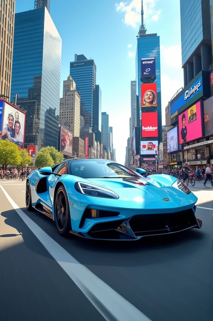 A light blue sports car running against the backdrop of a city