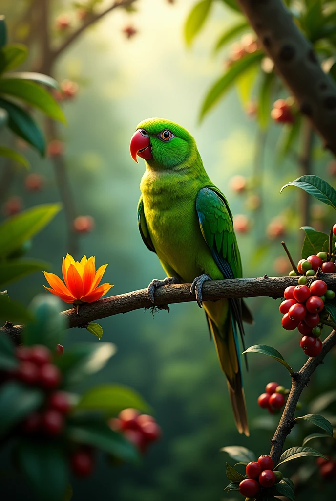 generate a green parrot on a branch of geisha coffee and this one is in the jungle