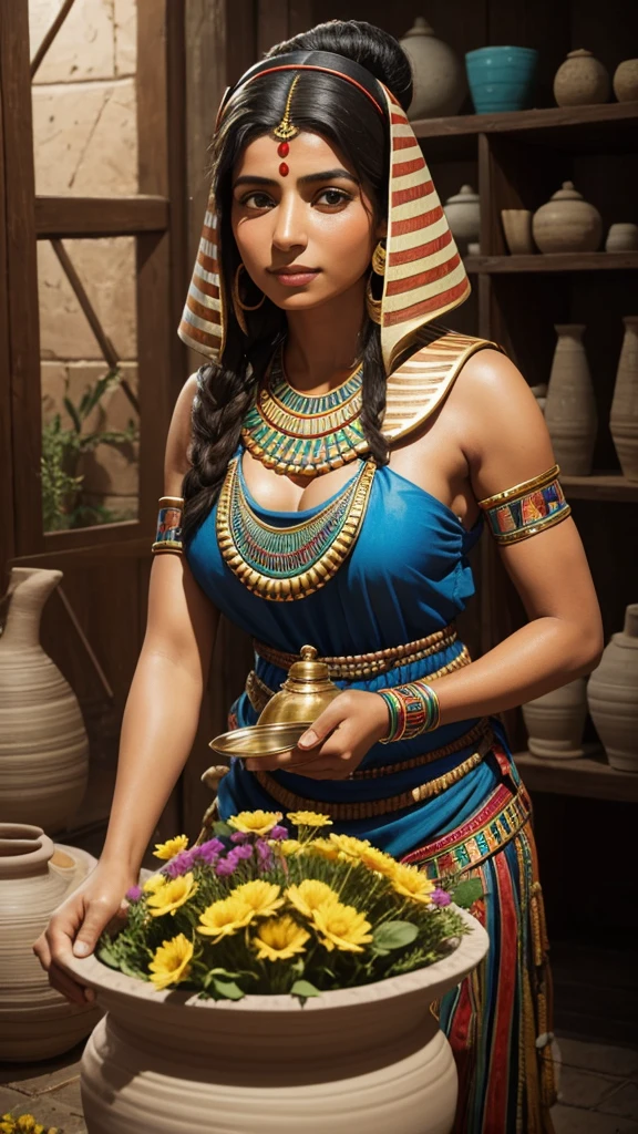 4D realistic karakter,namaTapputi, an Egyptian woman in a special dress, mixing flowers and oil in a pottery container.