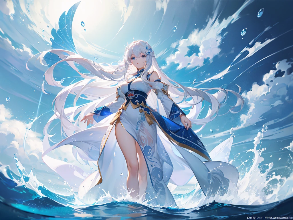 ((masterpiece, best quality)), Epic battlefield atmosphere,Water Ripples,Delicate face,Pure white background,Depicting a goddess with long beautiful hair, Flowing white hair,whole body,Standing picture,Shining blue eyes,She wears a white cheongsam,Perfect body proportions