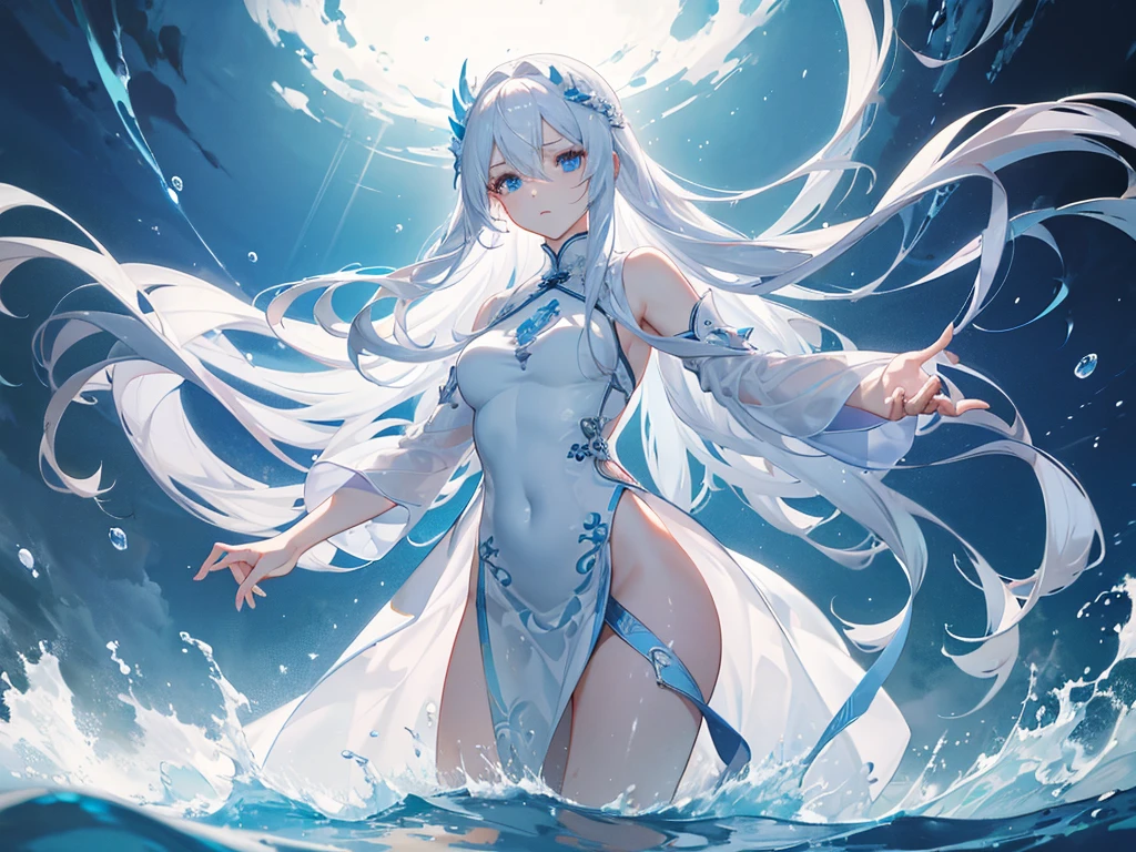 ((masterpiece, best quality)), Epic battlefield atmosphere，Water Ripples，Delicate face，Pure white background，Depicting a goddess with long beautiful hair, Flowing white hair，whole body，Standing picture，Shining blue eyes，She wears a white cheongsam，Perfect body proportions