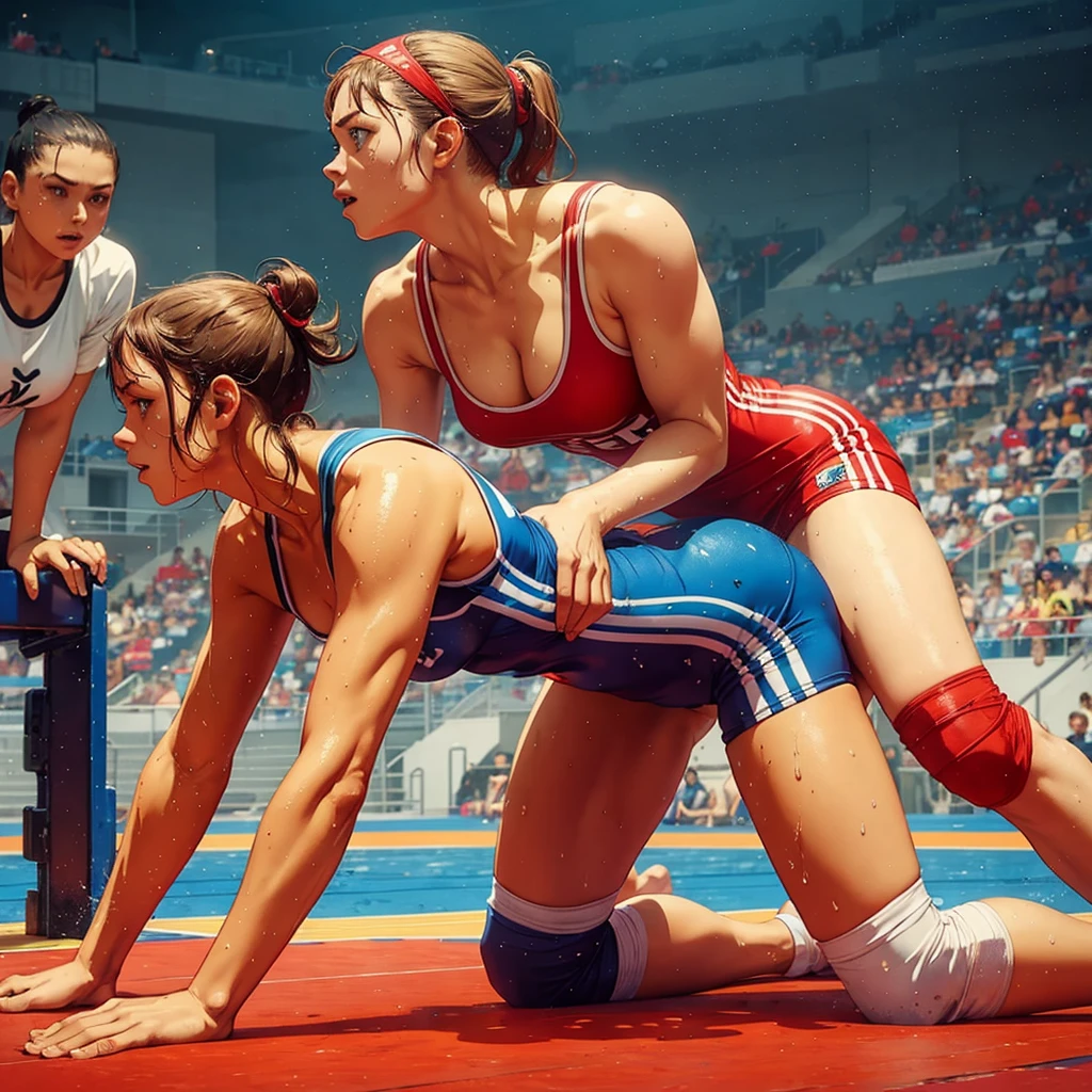 Womens freestyle wrestling, one piece swimsuits, wet sweaty bodies, European faces