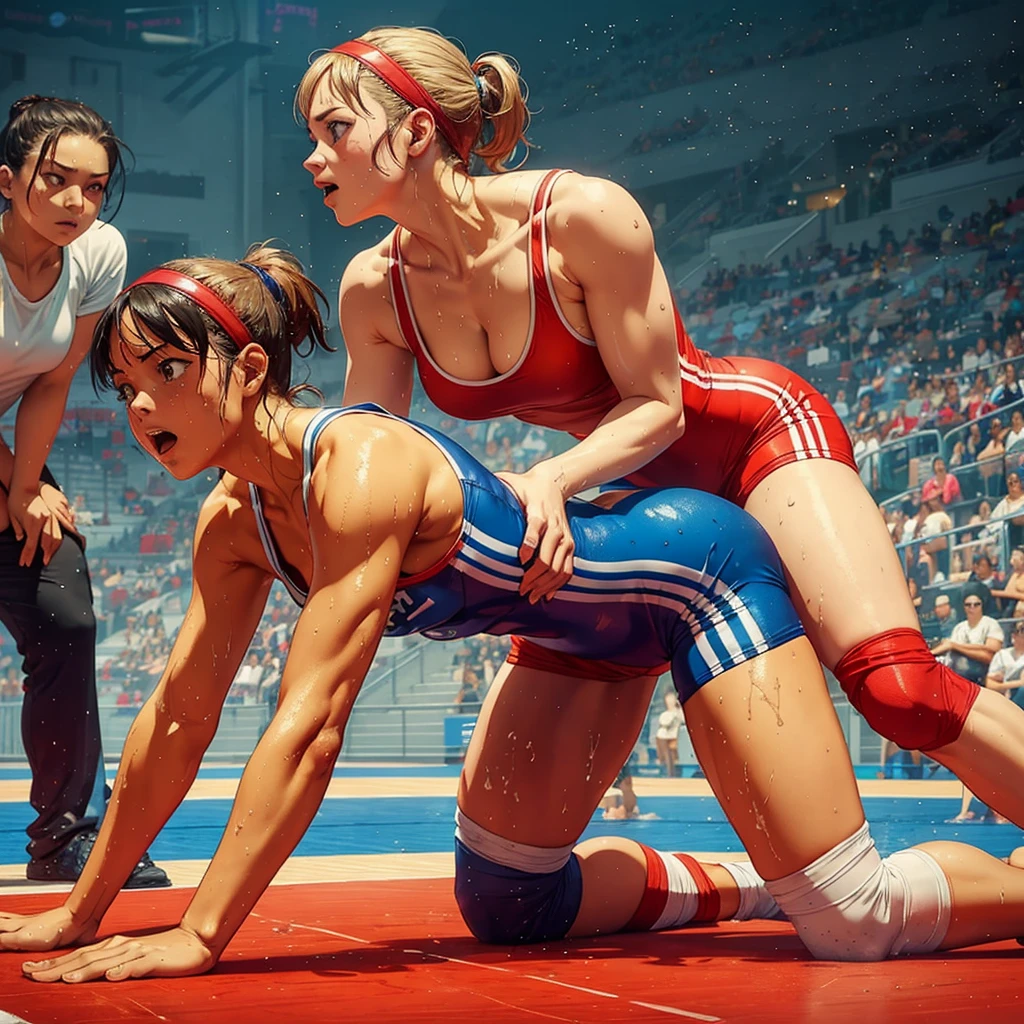 Womens freestyle wrestling, one piece swimsuits, wet sweaty bodies, European faces
