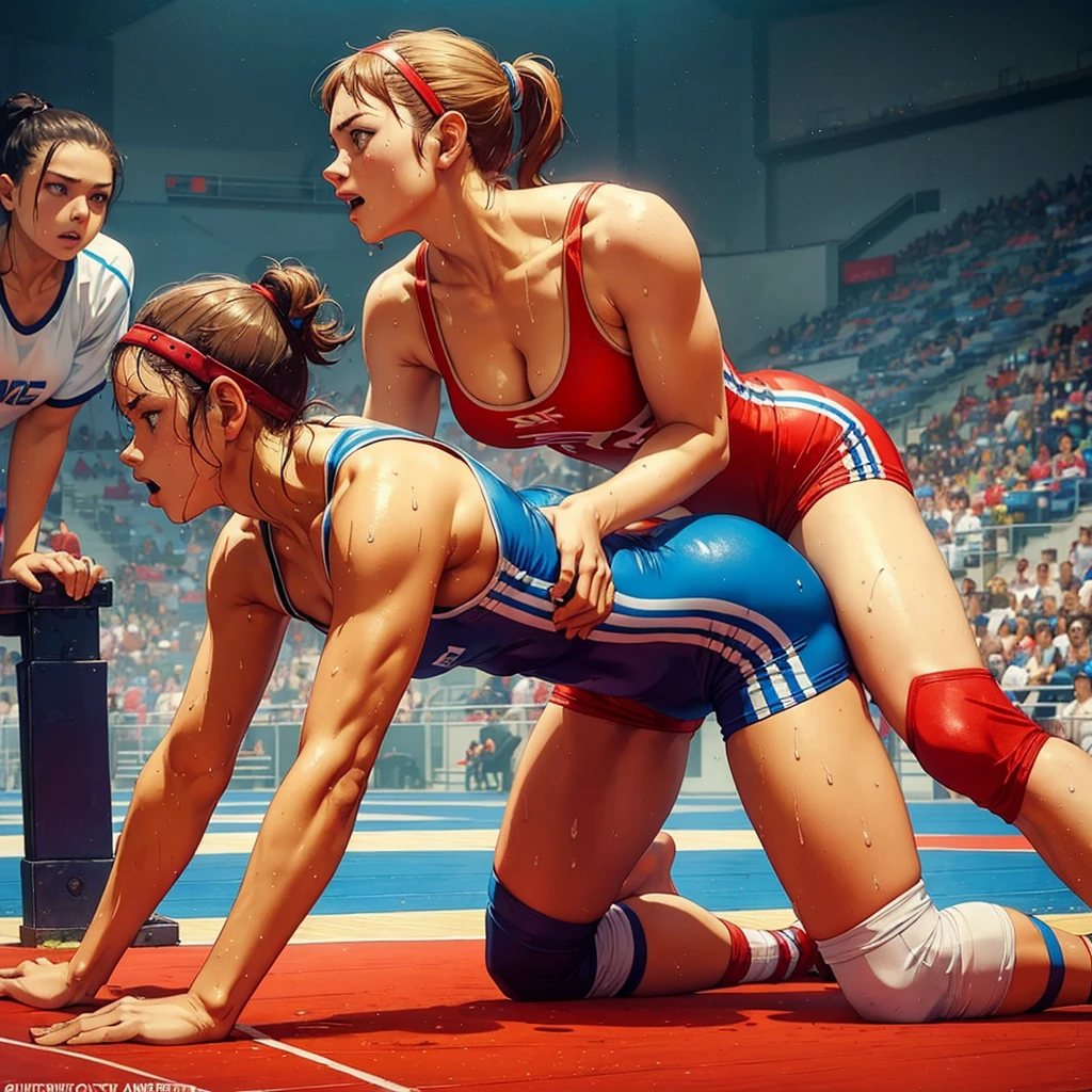 Womens freestyle wrestling, one piece swimsuits, wet sweaty bodies, European faces