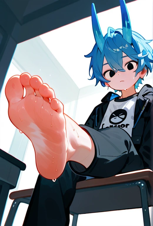 in the room,A cute boy,sit on the chair,Low Angle,black eyes,Blue Hair,Bangs between the eyes, There is a blue horn on the head,black eyes,White T-shirt,Black jacket,Black pants, Each foot has five toes,Foot 8,Sweating feet,Details of the sole,Clear facial features,barefoot,Sweating on the soles of the feet, Perfect feet, Symmetrical sole, Anatomically accurate feet, (Each foot has five toes)