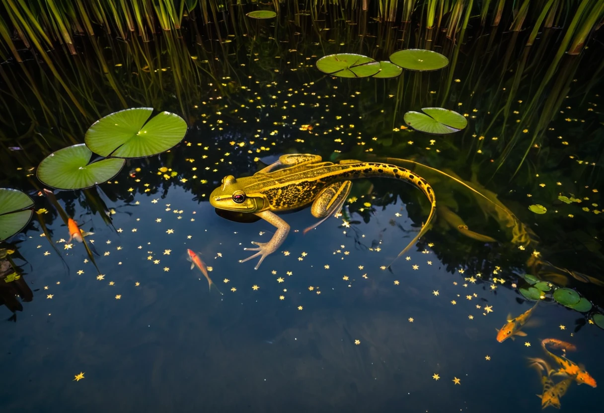 A frog sitting on a lily pad in a still pond, a few large koi gold and black near the surface, a vivid starry sky is reflected on the water, viewed from above
