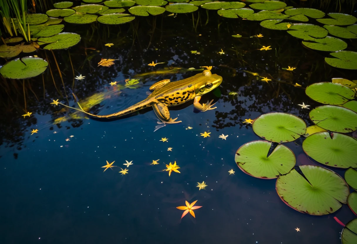A frog sitting on a lily pad in a still pond, a few large koi gold and black near the surface, a vivid starry sky is reflected on the water, viewed from above