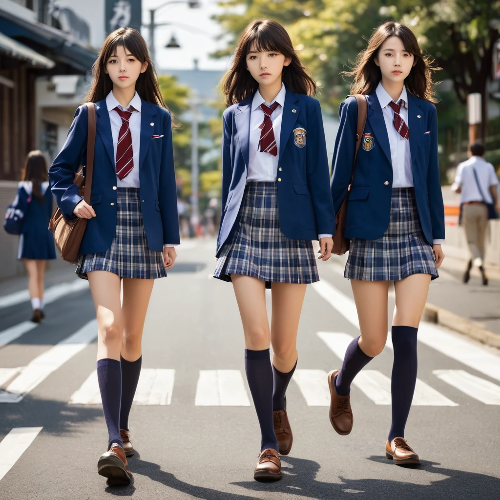 One High School Girls, With your back turned, Japanese, blue blazer uniform, Short check skirt, Grey High Socks, Black shoulder bag, Brown loafers, A dark-haired, Shorthair, Longhair, short stature, Tall, Side by side, Walking on the sidewalk, main street, road on the right