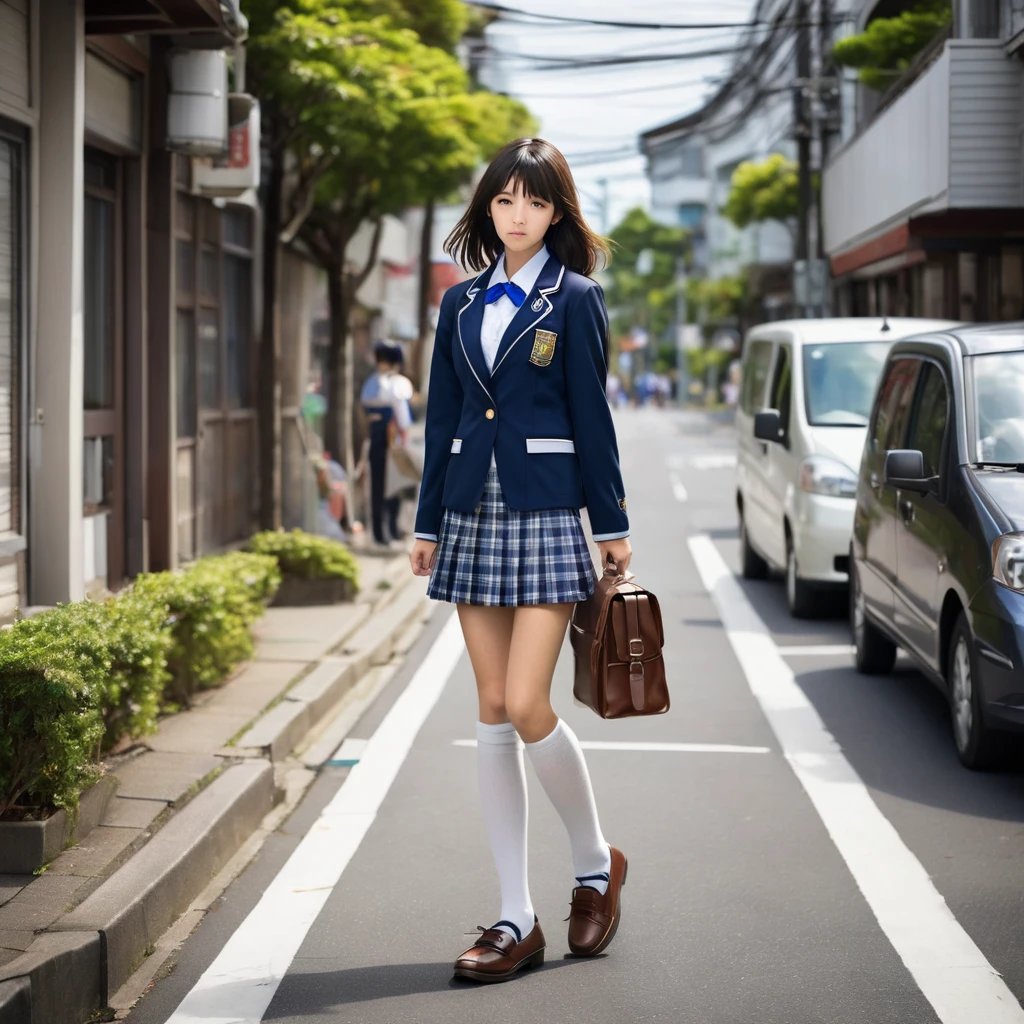 One High School Girls, With your back turned, Japanese, blue blazer uniform, Short check skirt, Grey High Socks, Black shoulder bag, Brown loafers, A dark-haired, Shorthair, Longhair, short stature, Tall, Side by side, Walking on the sidewalk, main street, road on the right