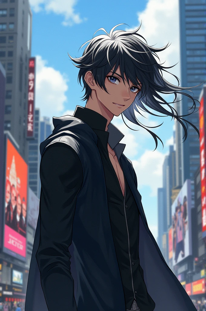 Character My hero academi man black and white hair, tall and slender, low muscle mass, kind, dark silver eyes, confident personality