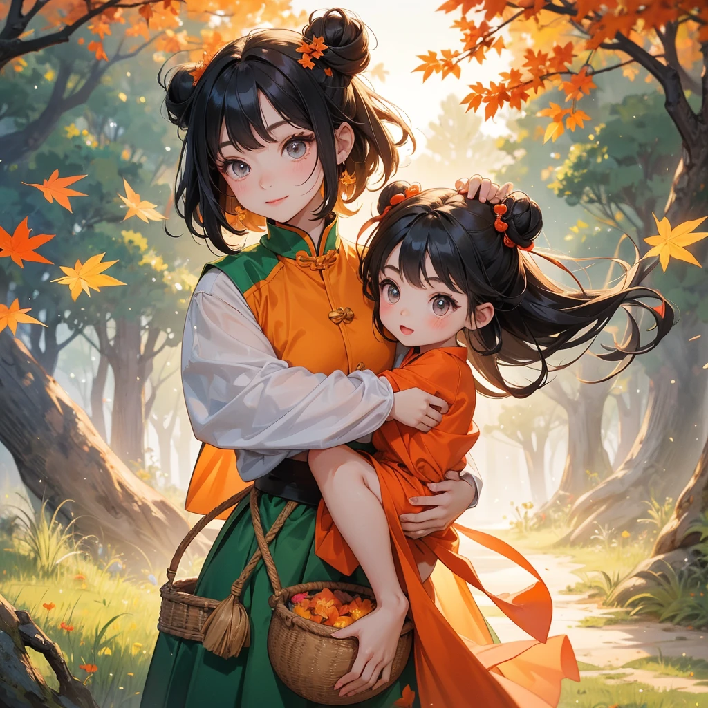 A chibi child girl had a small face and Wearing a little green Taoist priest's outfit. A pair of big round eyes shone with curiosity about him. This child was so cute! The backdrop is a mountain that turns orange-red in spring, and maple leaves fall from the trees, her hair is black with two buns on her hair.small chibi, chibi baby, smiling ,Chibi. Sunset.
black hair with two buns.
Holding a large woven basket, full of beautiful flower