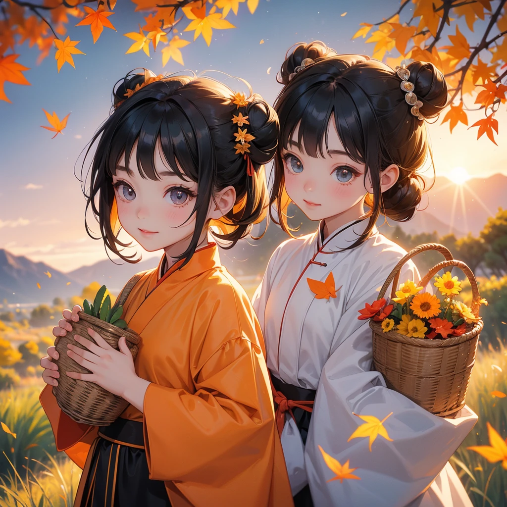 A chibi child girl had a small face and Wearing a little green Taoist priest's outfit. A pair of big round eyes shone with curiosity about him. This child was so cute! The backdrop is a mountain that turns orange-red in spring, and maple leaves fall from the trees, her hair is black with two buns on her hair.small chibi, chibi baby, smiling ,Chibi. Sunset.
black hair with two buns.
Holding a large woven basket, full of beautiful flower
