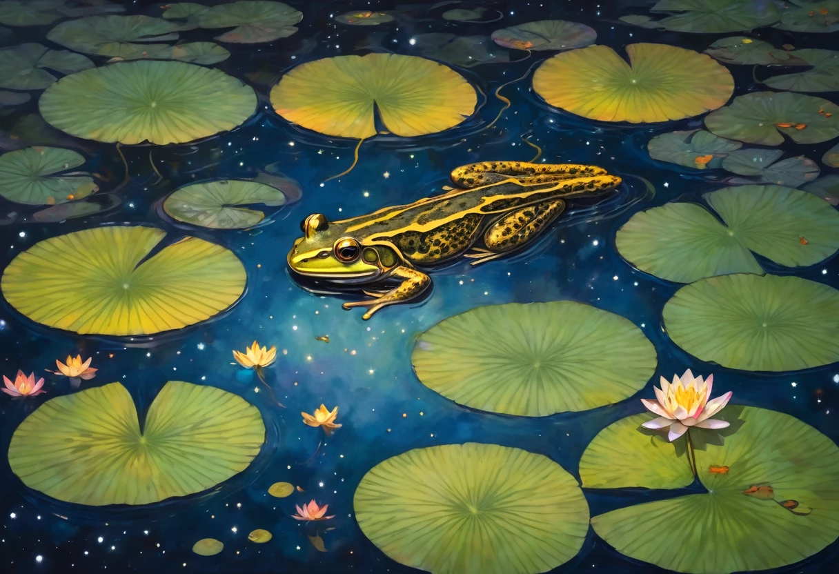 A frog sitting on a lily pad in a still pond, a few large koi gold and black near the surface, a vivid starry sky is reflected on the water, viewed from above